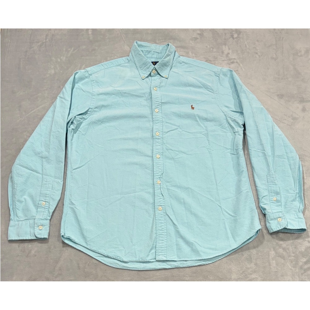 Ralph Lauren Mens Oxford Button Down Shirt XL Blue Slim Fit Flesh Pony Preppy